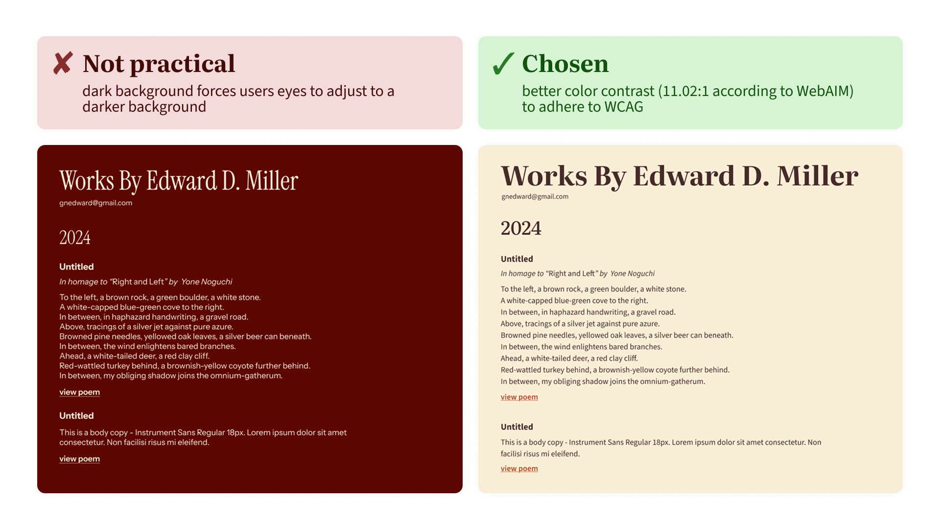 Comparison between two style guides emphasizing text readability: left visuals are dark red with light beige text labeled "Not practical," right block is light beige with dark brown text labeled "Chosen" with better color contrast for accessibility.