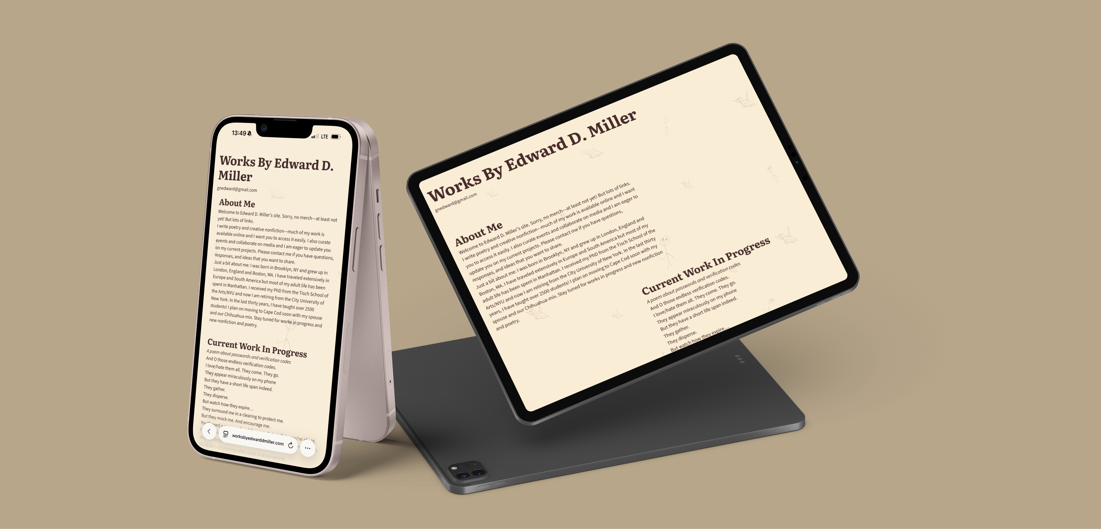 Mockup showing a personal portfolio website titled 'Works By Edward D. Miller' displayed on an iPhone and a tablet with sections About Me and Current Work In Progress.