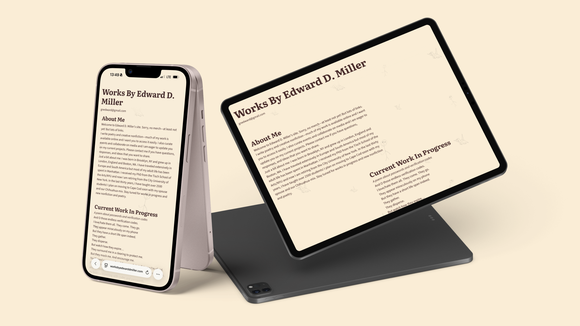 Mockup showing a personal portfolio website titled 'Works By Edward D. Miller' displayed on an iPhone and a tablet with sections About Me and Current Work In Progress.