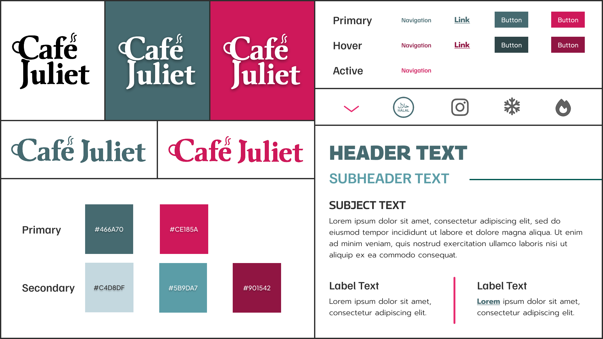 Cafe Juliet style guide showing primary and secondary color palettes with hex codes, and typography examples including headers, body text, and buttons.