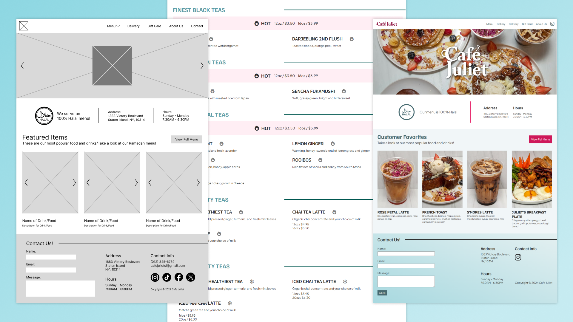 Comparison of two Café Juliet website layouts—an early wireframe with placeholders and a final colorful design—in front of another final mockup of the menu page.