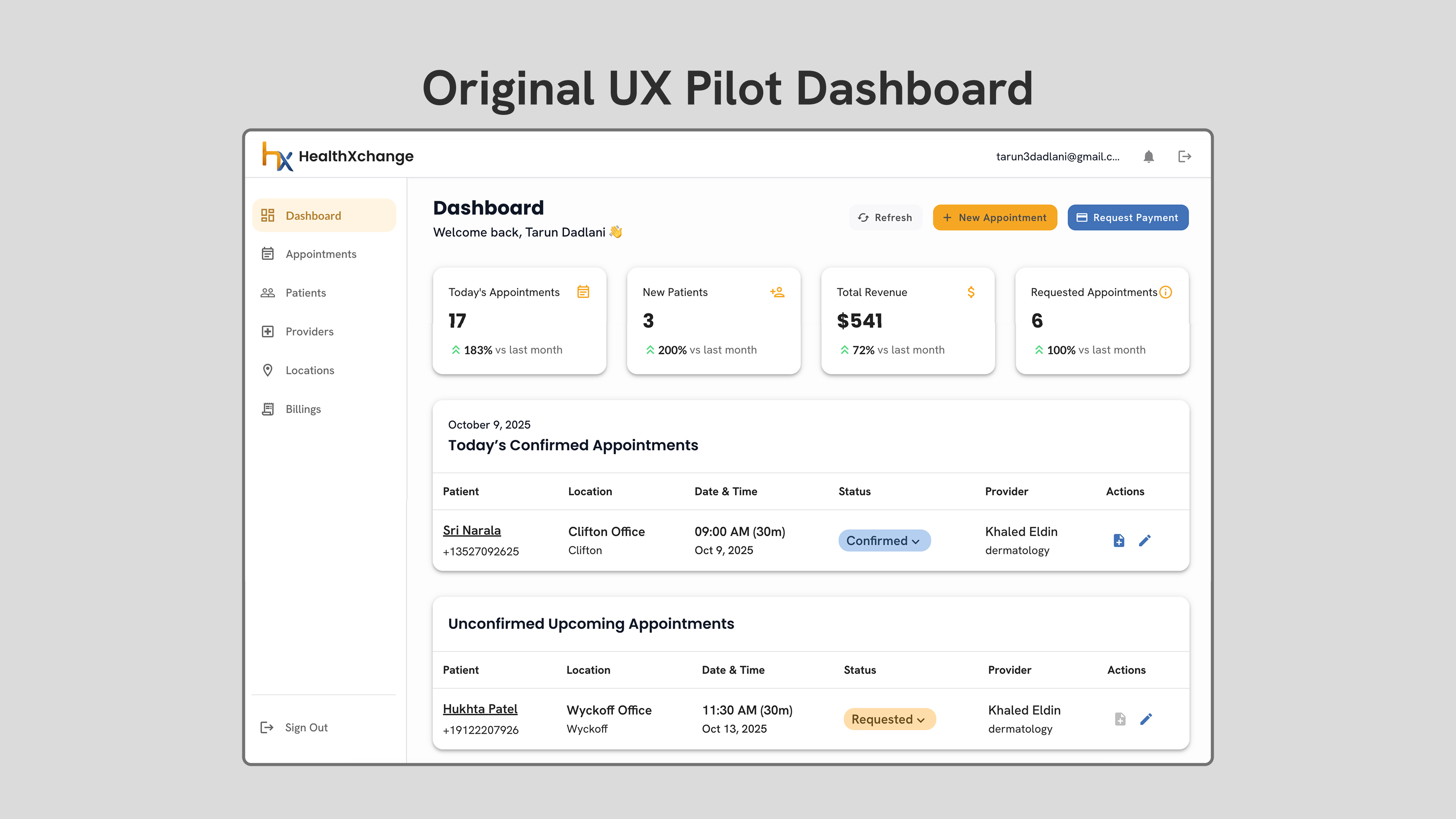 HX's original dashboard from UX Pilot showing today's appointments, new patients, total revenue, and requested appointments with confirmed and unconfirmed appointment details.