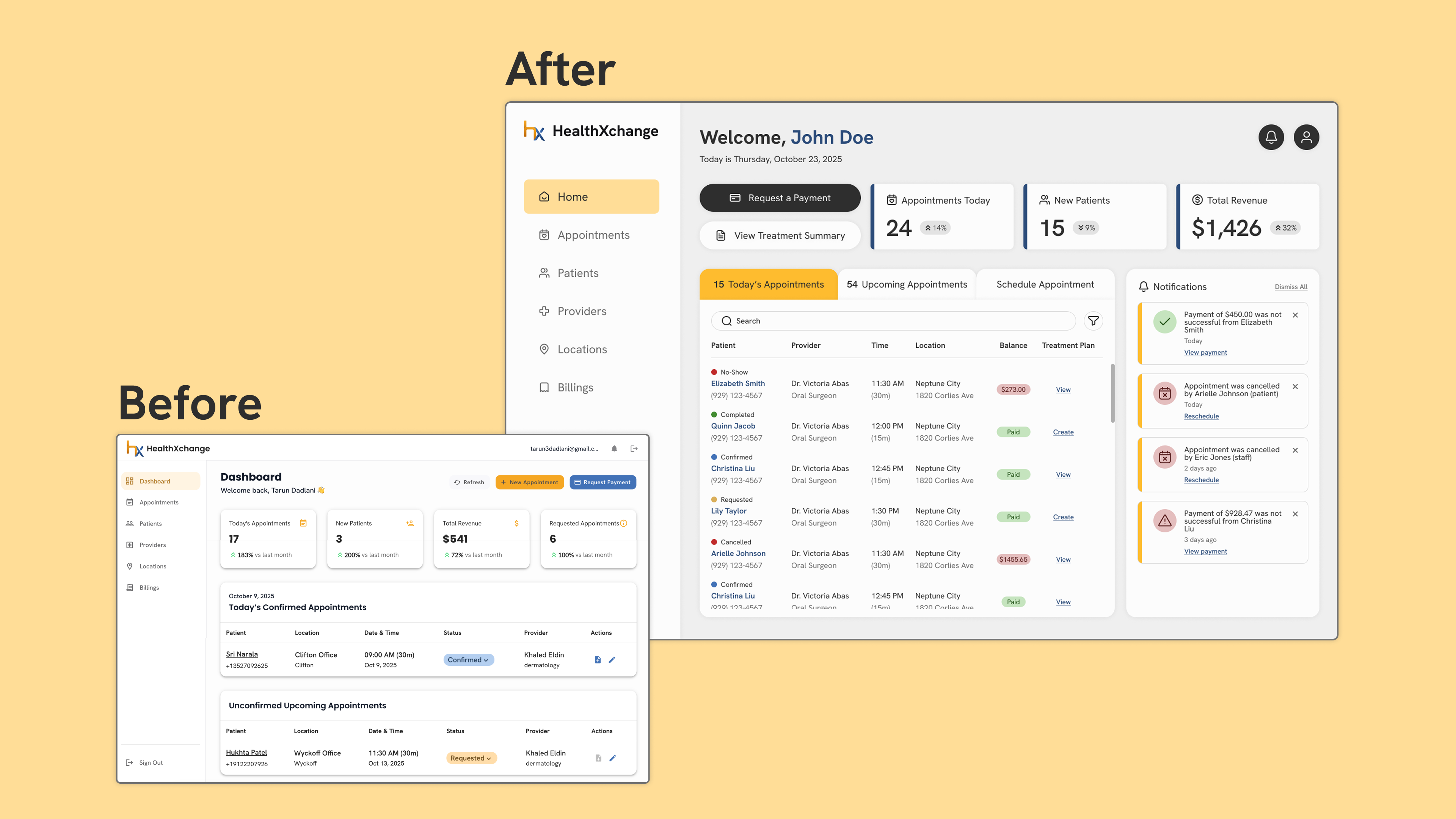 Comparison of two HX dashboard designs labeled before and after showing UI improvements and a reorganized dashboard.