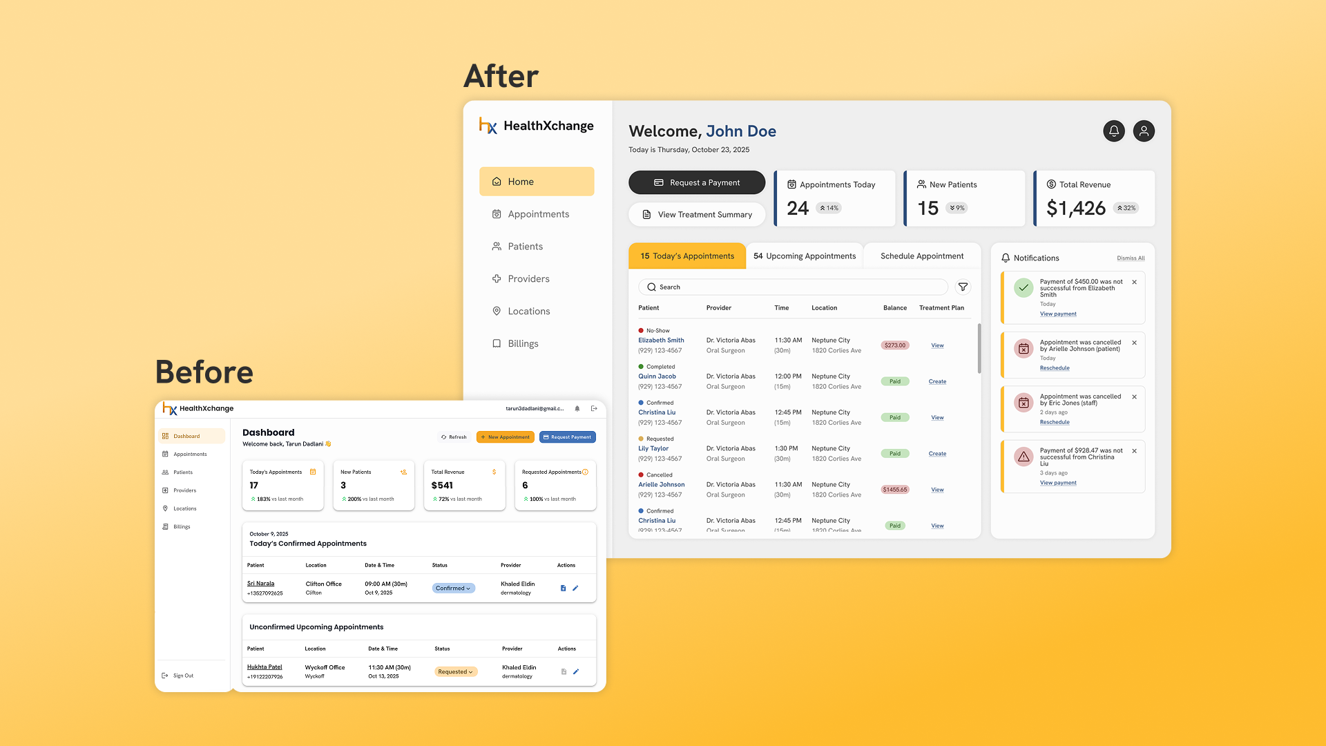 Comparison of two HX dashboard designs labeled before and after showing UI improvements and a reorganized dashboard.