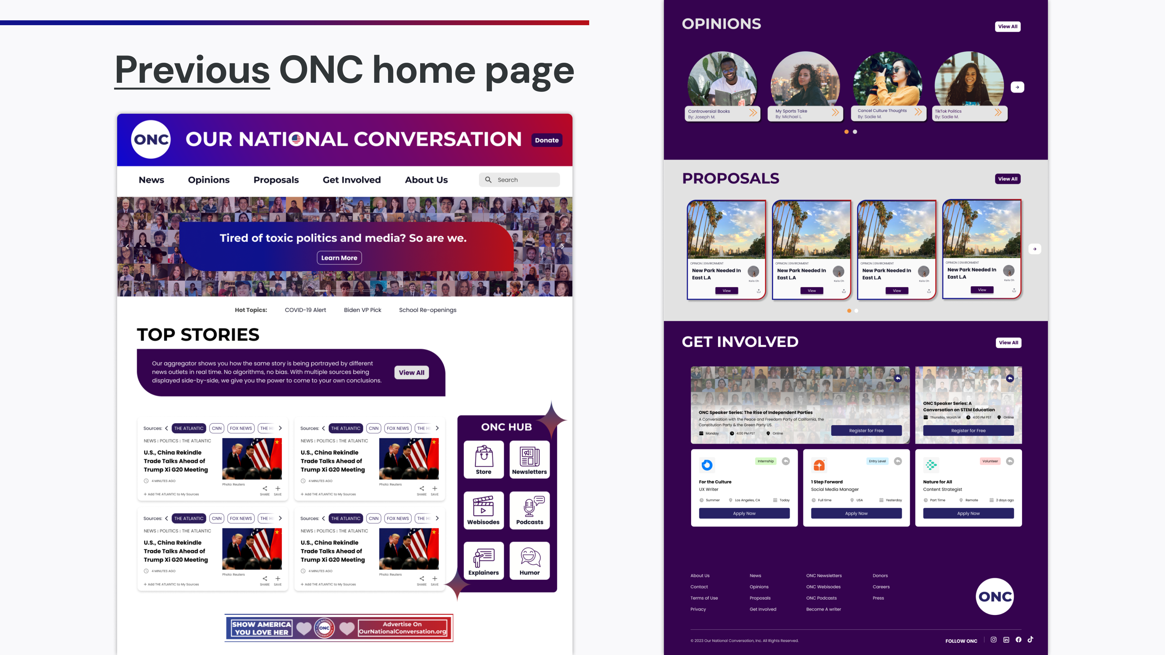 Screenshot of the previous ONC home page redesign showing sections for news headlines, opinions, proposals, and get involved with a purple and white color scheme.