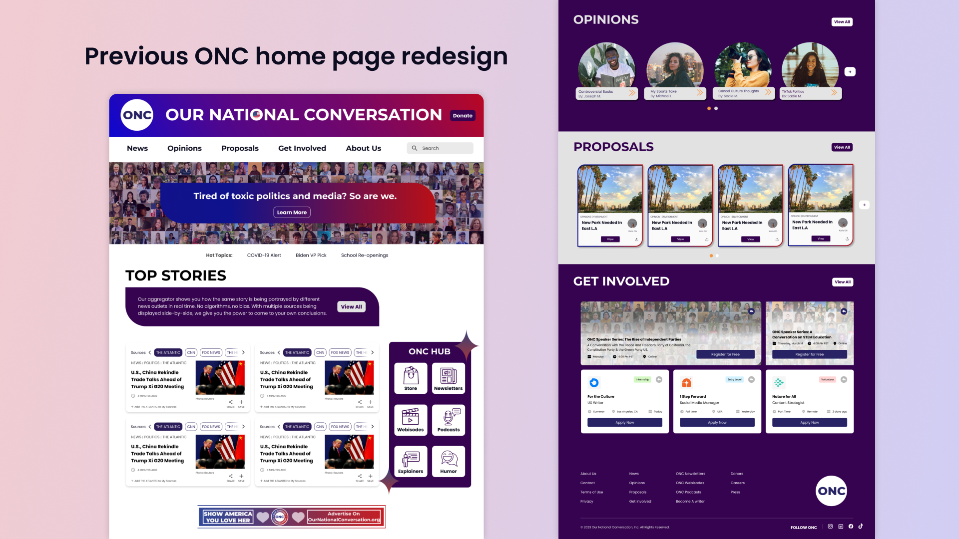 Screenshot of the previous ONC home page redesign showing sections for news headlines, opinions, proposals, and get involved with a purple and white color scheme.