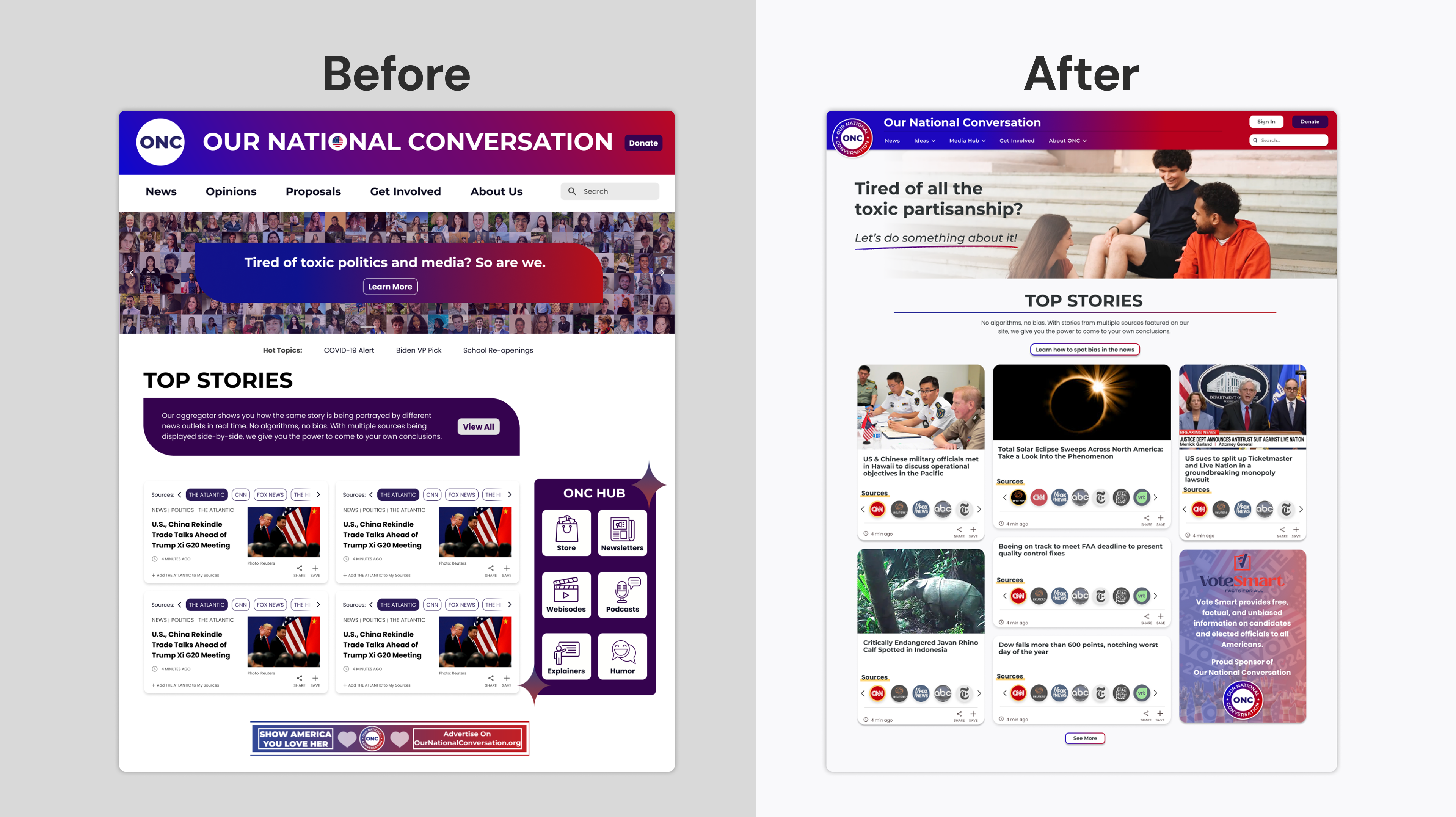 Side-by-side comparison of Our National Conversation homepage before and after redesign, highlighting reduced header size, less color use, and adjusted story card layout.