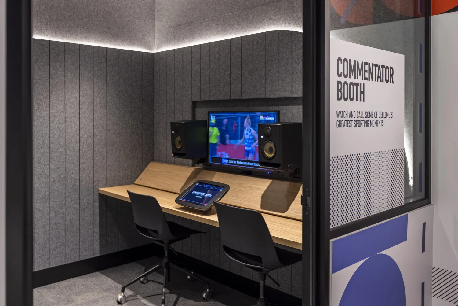 The commentator booth lets visitors live their dream of calling a sporting event, using real footage and a microphone.