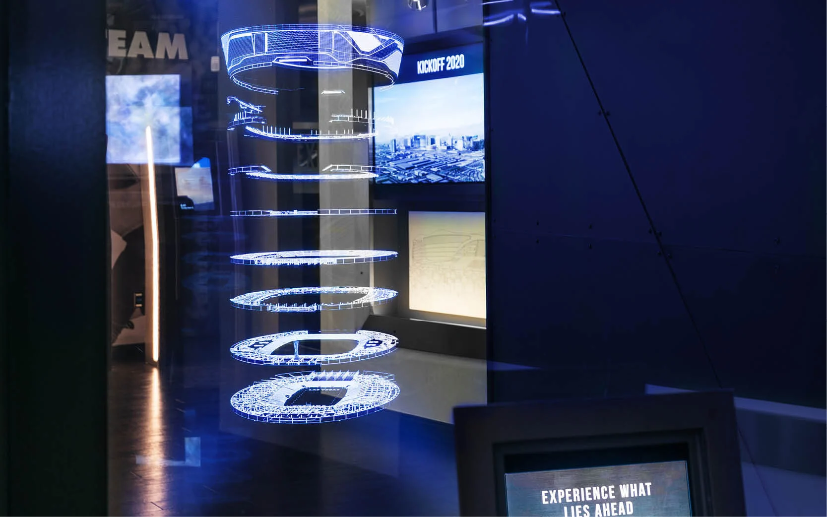 The Holocube display is a fully integrated, 3D projection video platform that allows users to virtually explore stadium seating and premium spaces.