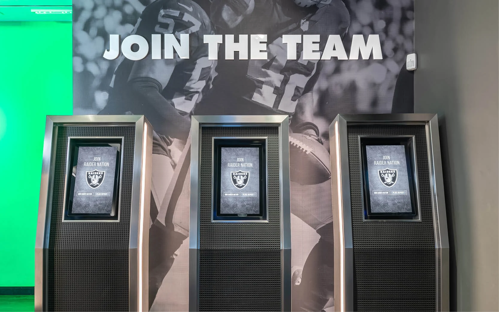 Visitors have the opportunity to engage with the team and 'Join Raider Nation' by taking a photo at the photo booth and uploading to social media directly from the kiosks.