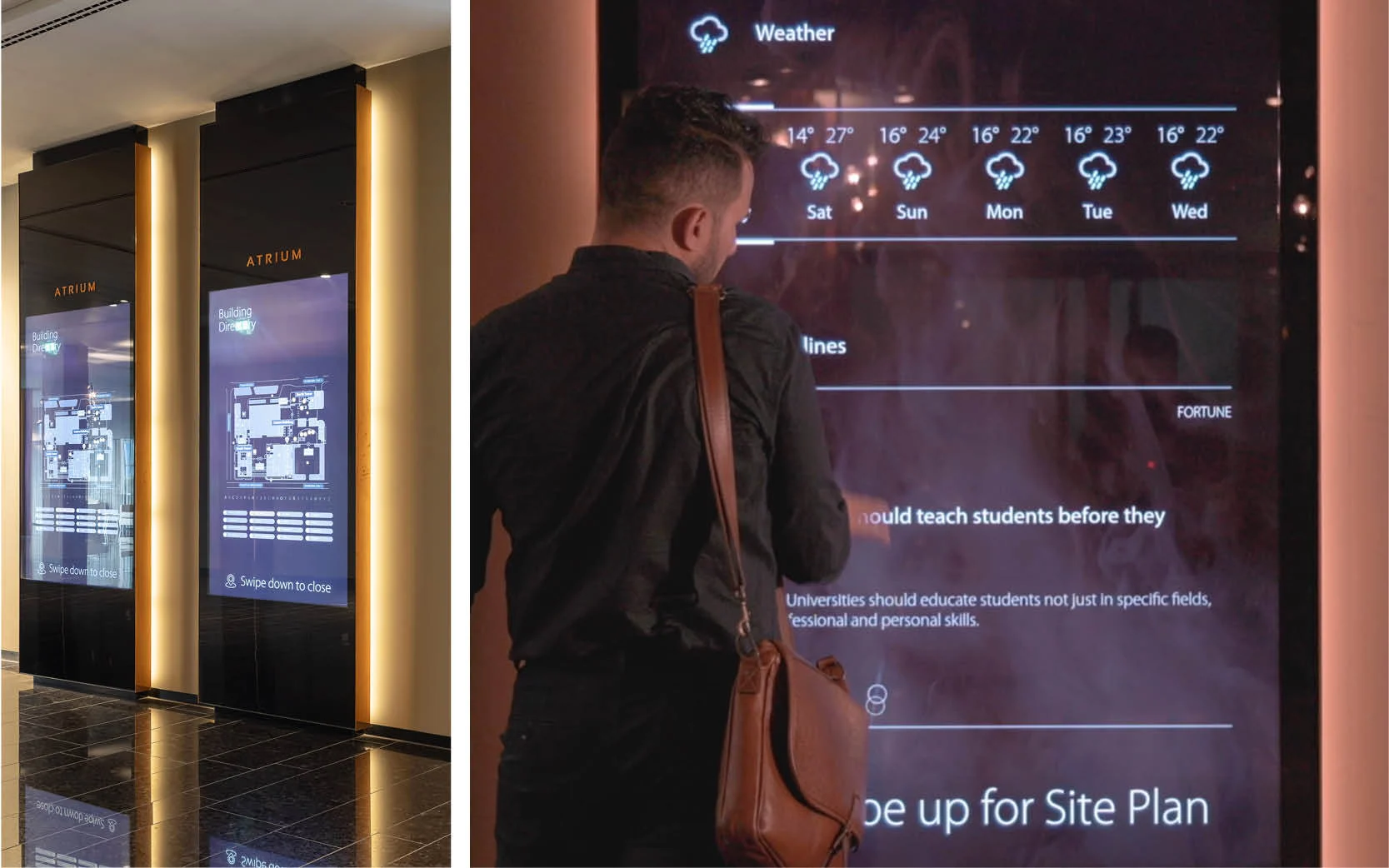 Screens positioned at the entrances to the Meeting Center and Regus Business Center display daily content about events and availability, updated via a content management system (CMS).