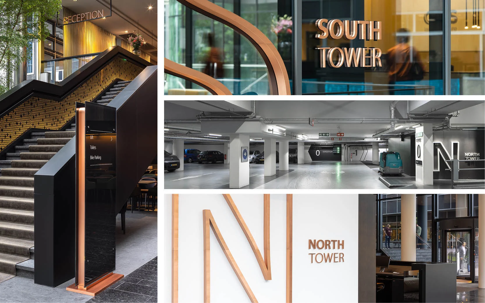 Indoor wayfinding is clear and intuitive, blending with the designed environment. Signage is prominent enough to be easily spotted, but not overbearing or intrusive.