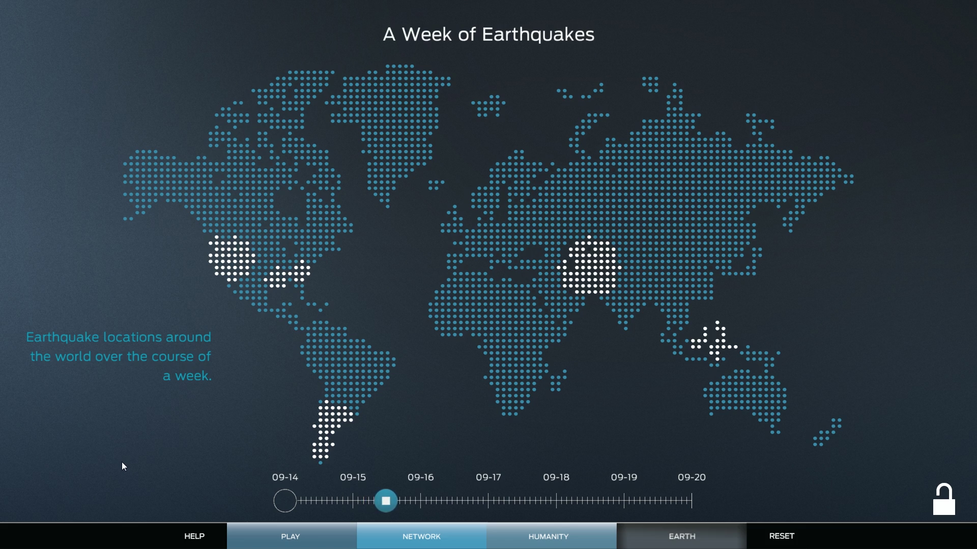 A Week of Earthquakes is one of a dozen examples of man-made and natural global events that visitors can select and watch play out across the TerraStream.