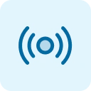 Blue wireless signal icon with a central dot and radiating curved lines on white background.