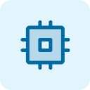 Blue computer chip icon with a central square and pins extending outward symmetrically.