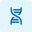 Blue DNA double helix icon on a light blue background.