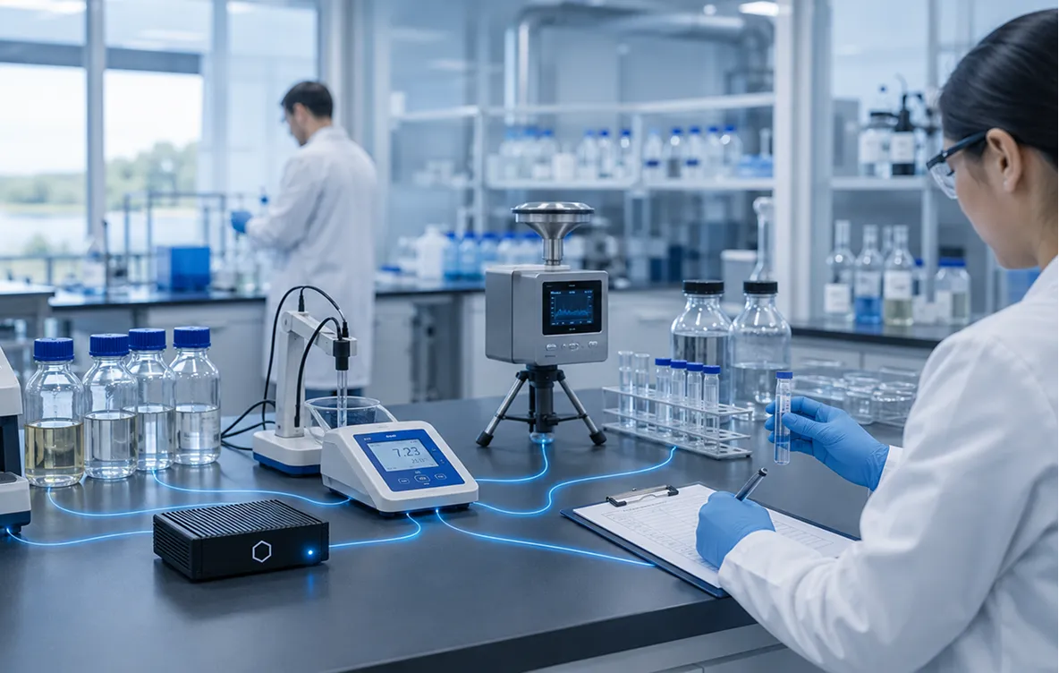 Blue-toned illustration of DNA model, microscope, medicine bottle, capsules, test tubes, flask, and lab equipment.