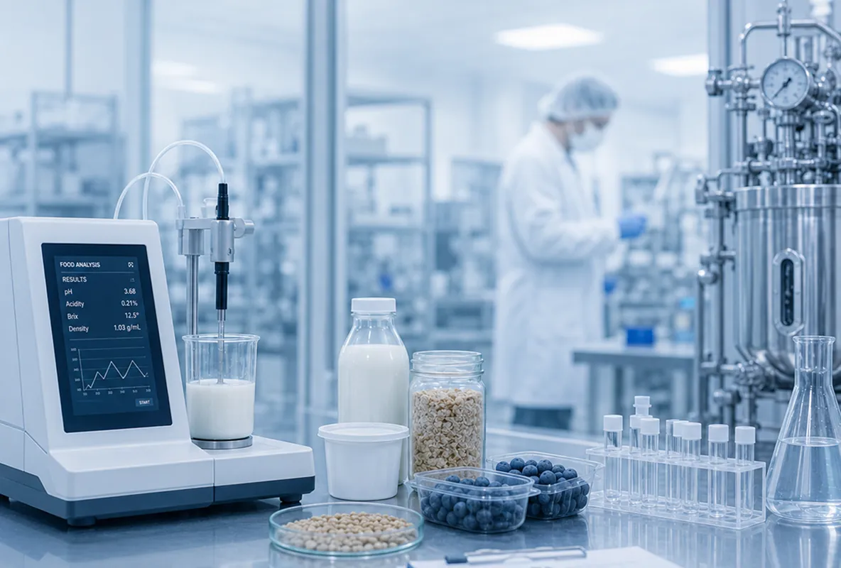 Blue illustration of scientific equipment including DNA model, microscope, pills, test tubes, flask, and chemical tank.