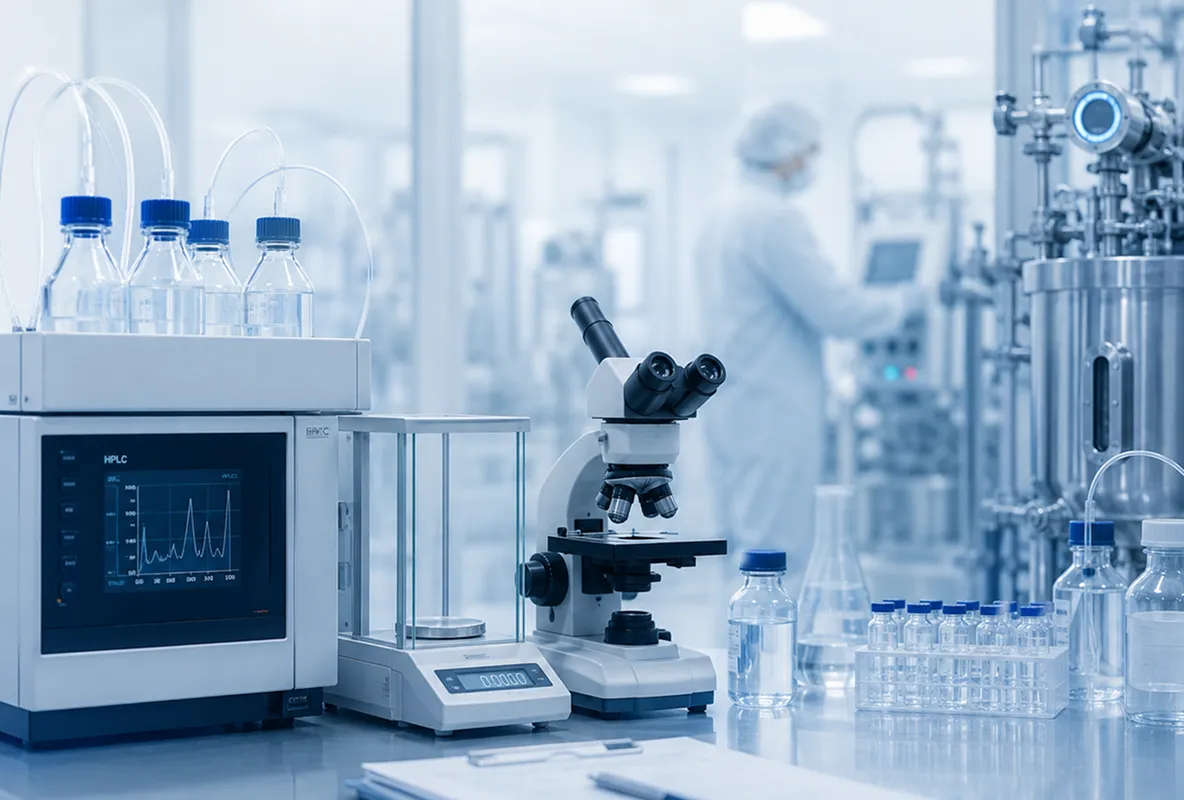 Blue illustration of DNA model, microscope, medicine bottle, pills, test tubes, flask, and lab equipment.