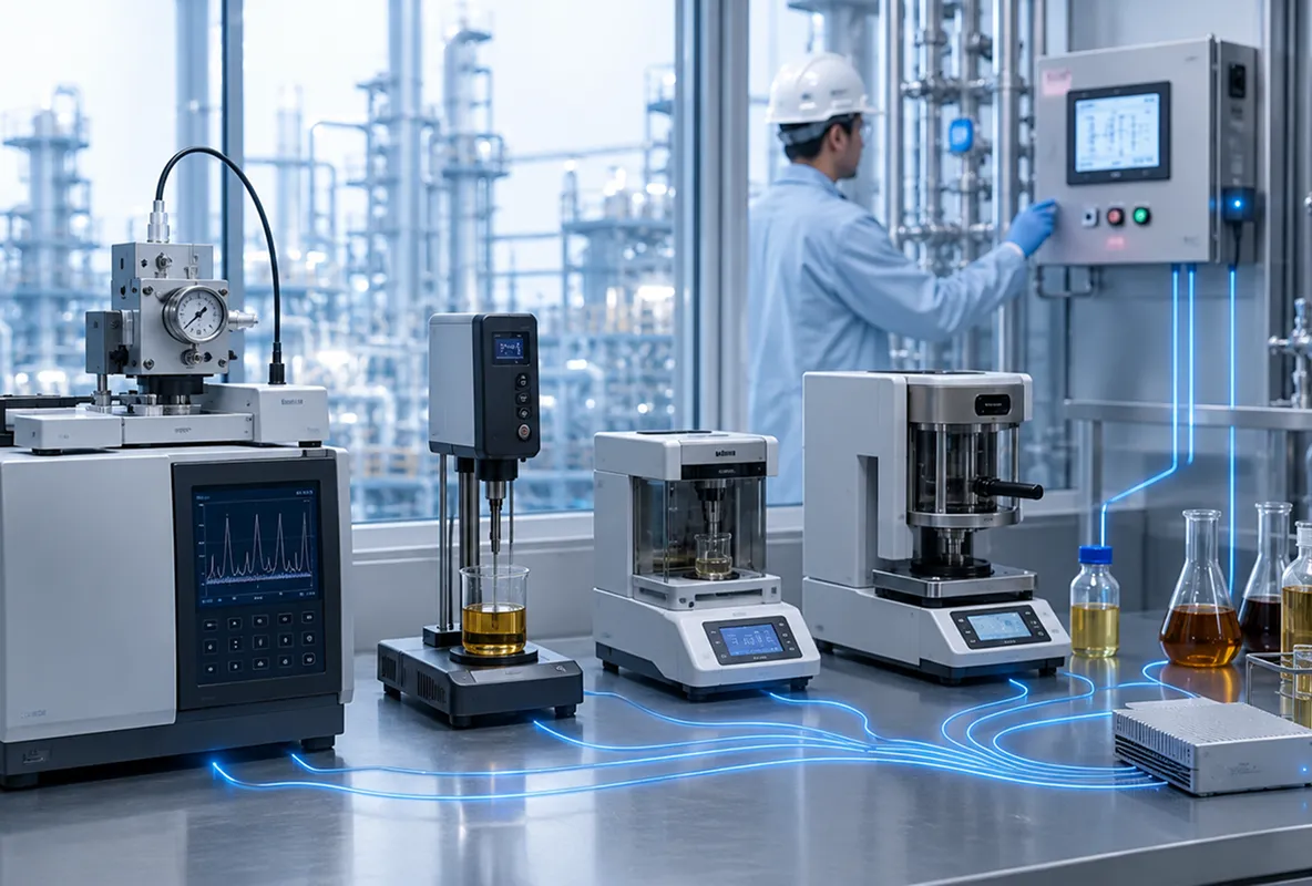 Blue-toned illustration of scientific equipment including DNA model, microscope, pills, test tubes, flask, and reactor.