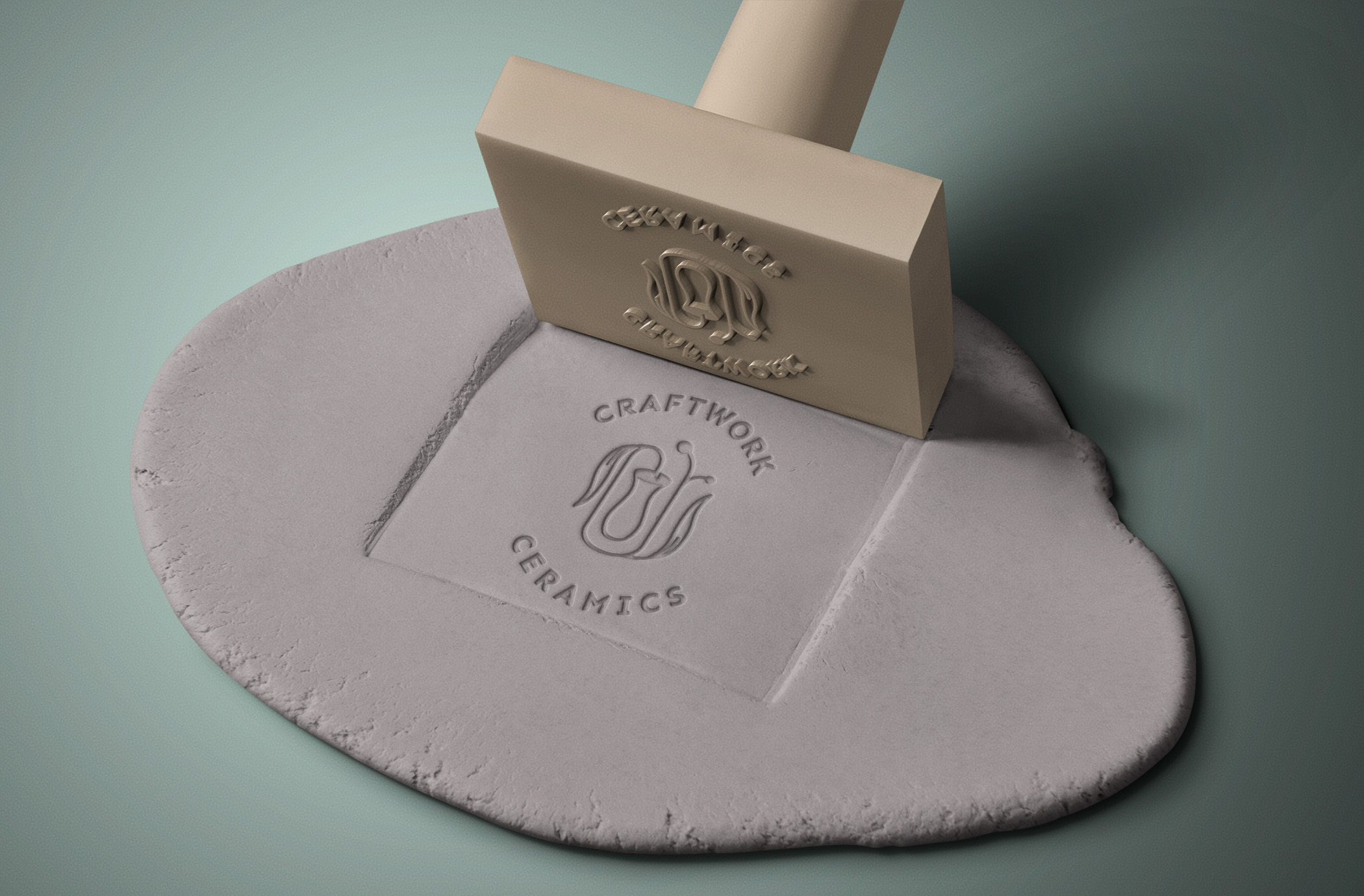 Mockup of a ceramics stamp. Vines surround a vase in a minimalist vector logo