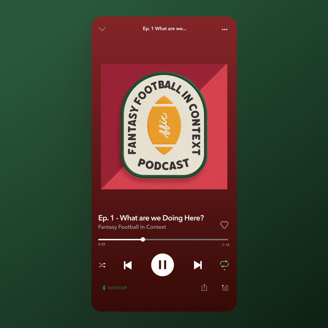 podcast cover art mocked up in Spotify. Vintage looking patch.
