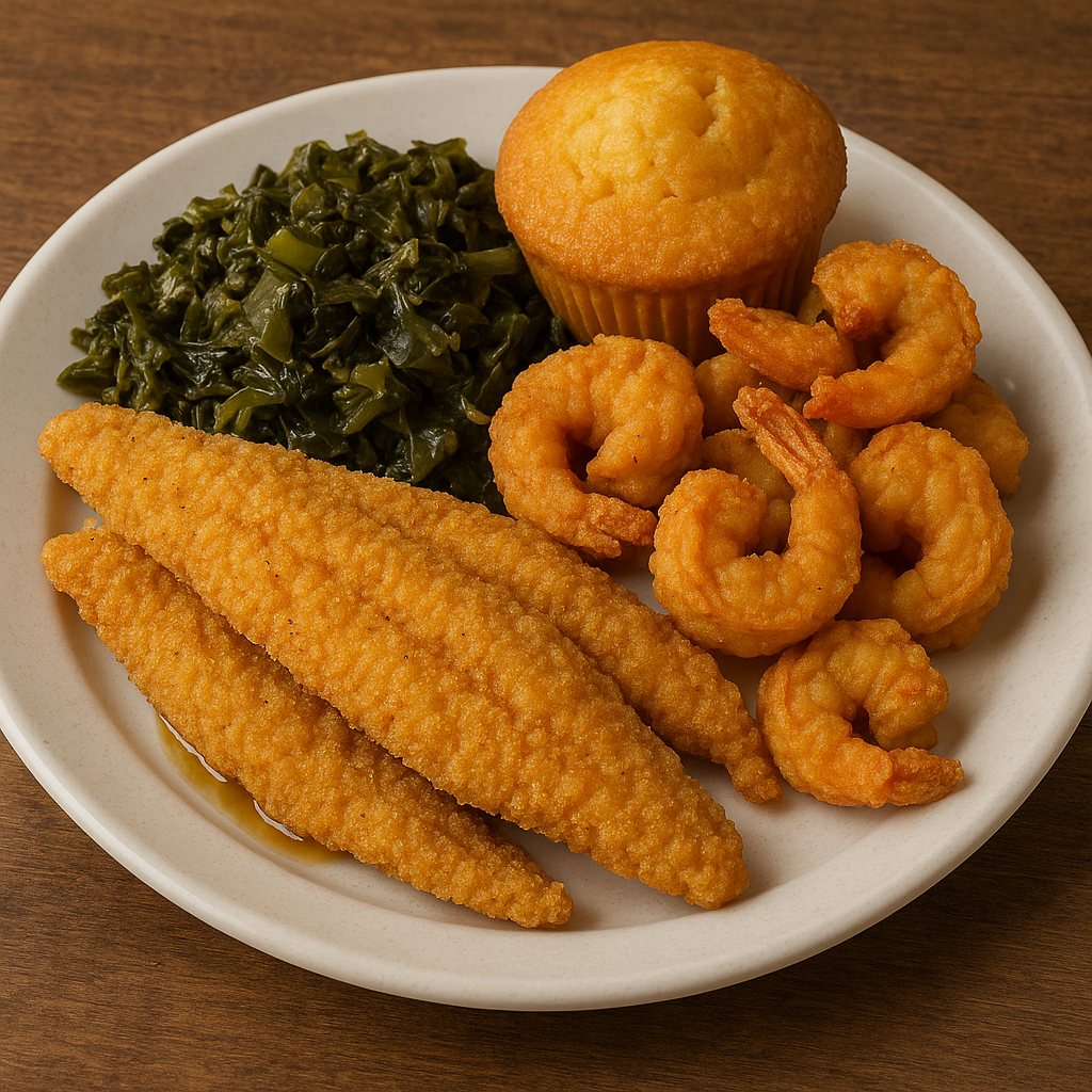 Catfish, Shrimp, and Greens