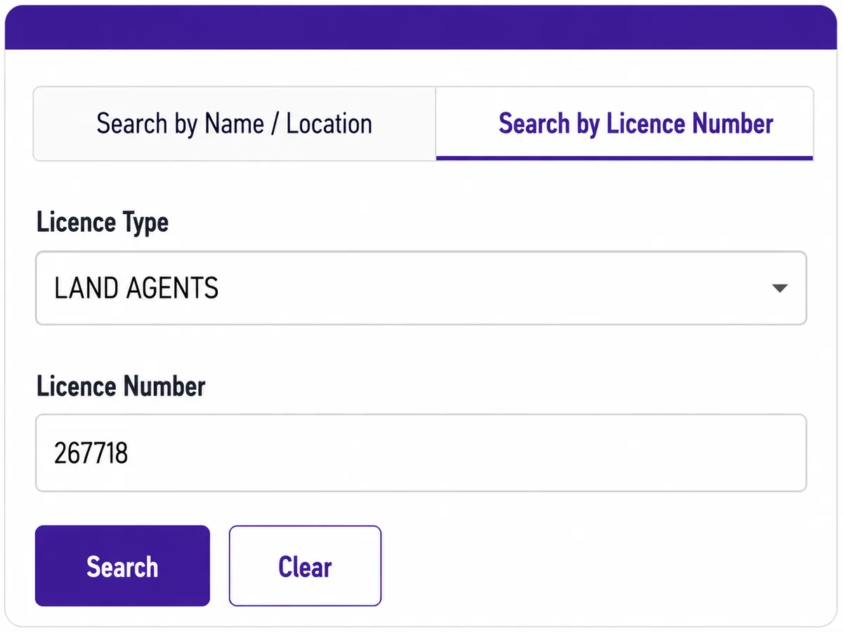 CBS licence search example showing Land Agents and licence number 267718
