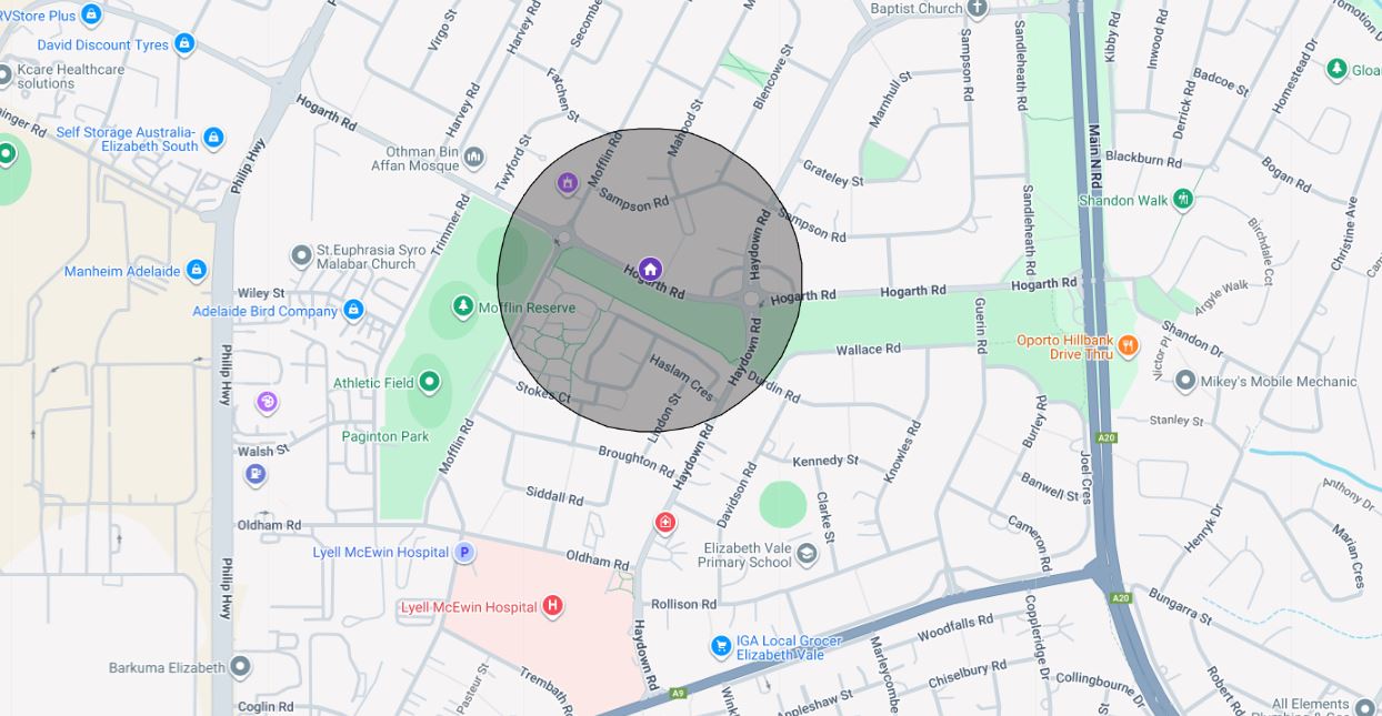 Map showing location of Elizabeth Grove share house 