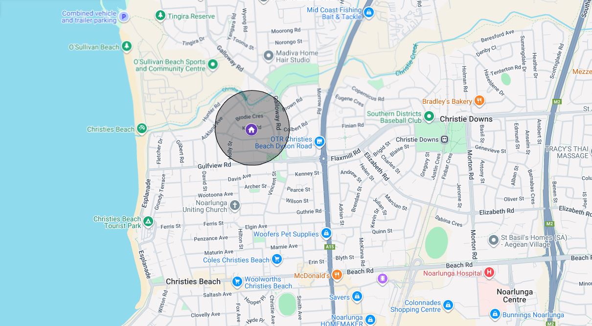 Map showing location of Christies Beach share house 