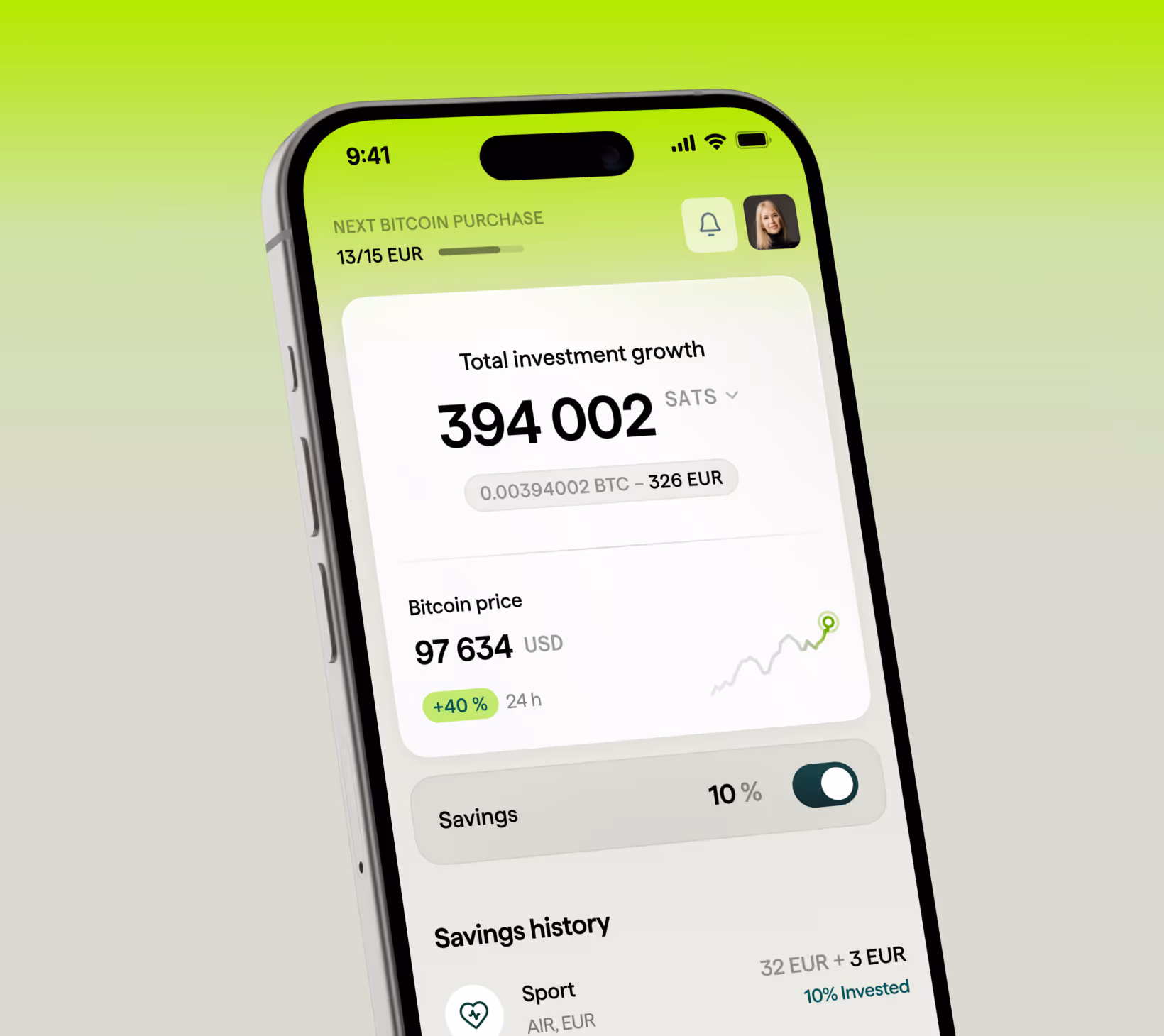 Smartphone screen showing a bitcoin investment app with total investment growth of 394,002 SATS, bitcoin price at 97,634 USD with +40% change, and savings set to 10%.