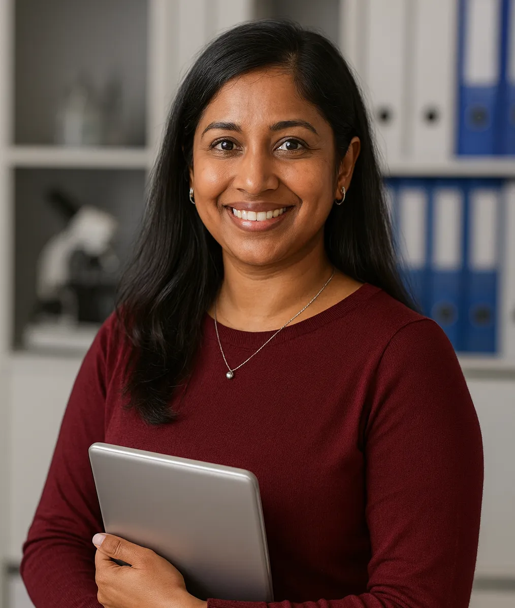 Practice manager holding a tablet in a medical records office