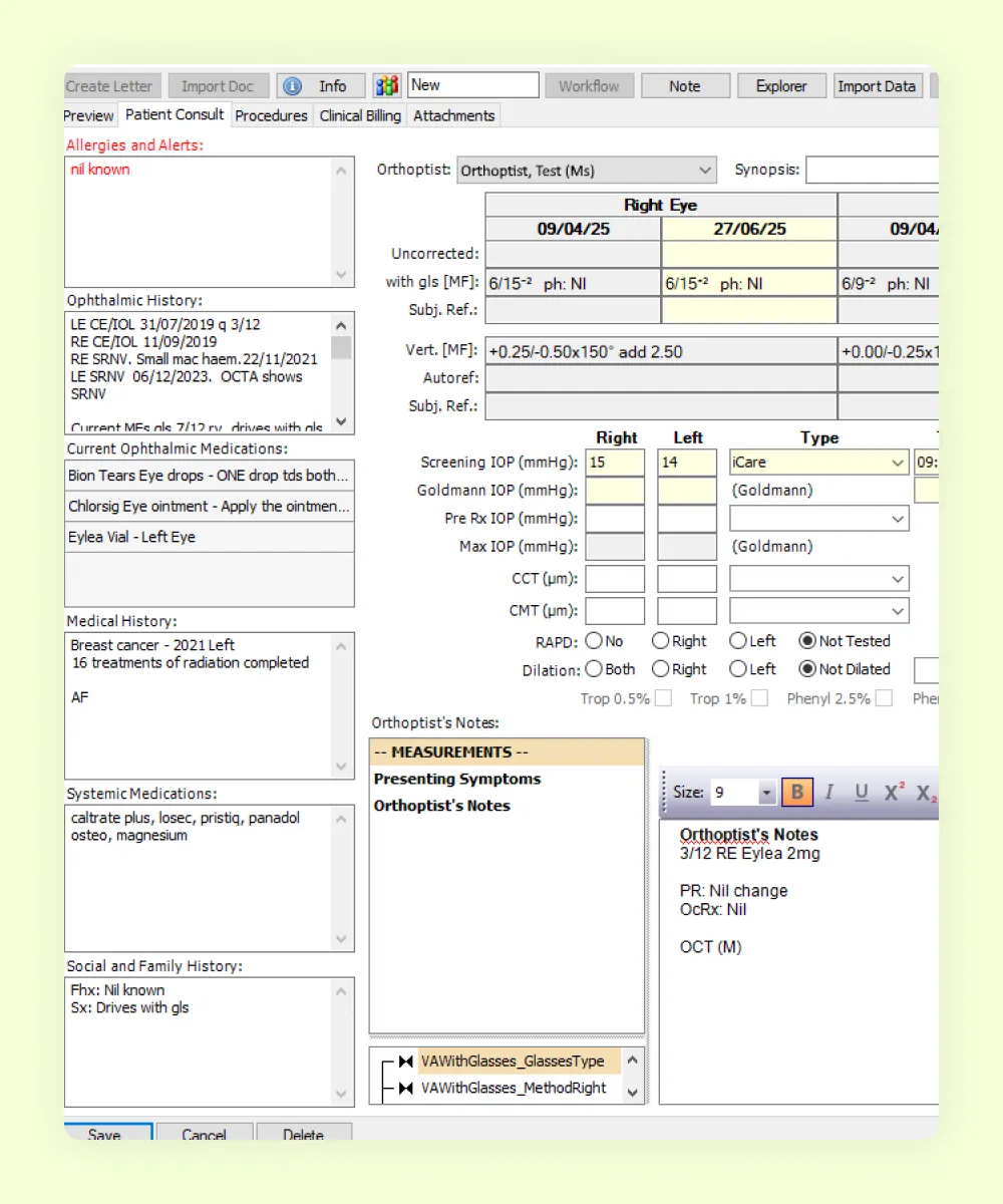 HealthTrack ophthalmology clinical record showing visual acuity and IOP readings by date, ophthalmic history, medications and orthoptist's notes