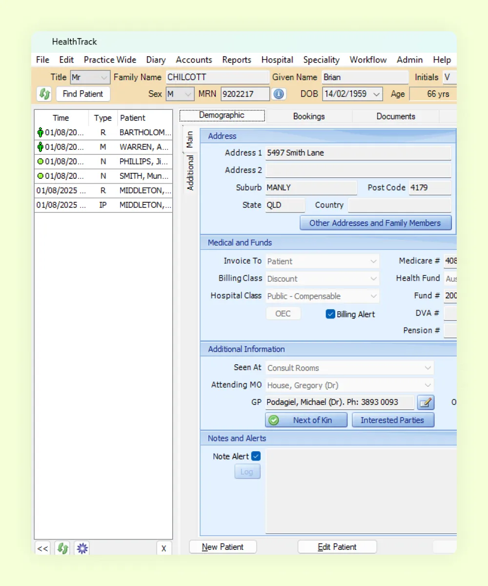 HealthTrack practice management for an ophthalmology practice, showing patient demographics, billing details and bookings