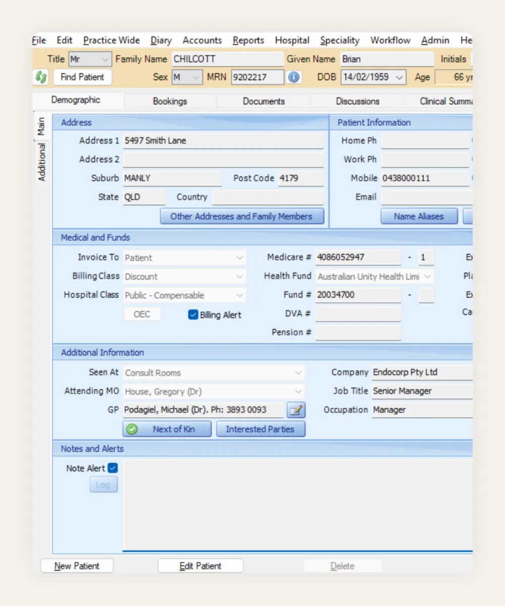HealthTrack practice management screen with patient demographics, Medicare number, health fund, referring GP and billing alerts