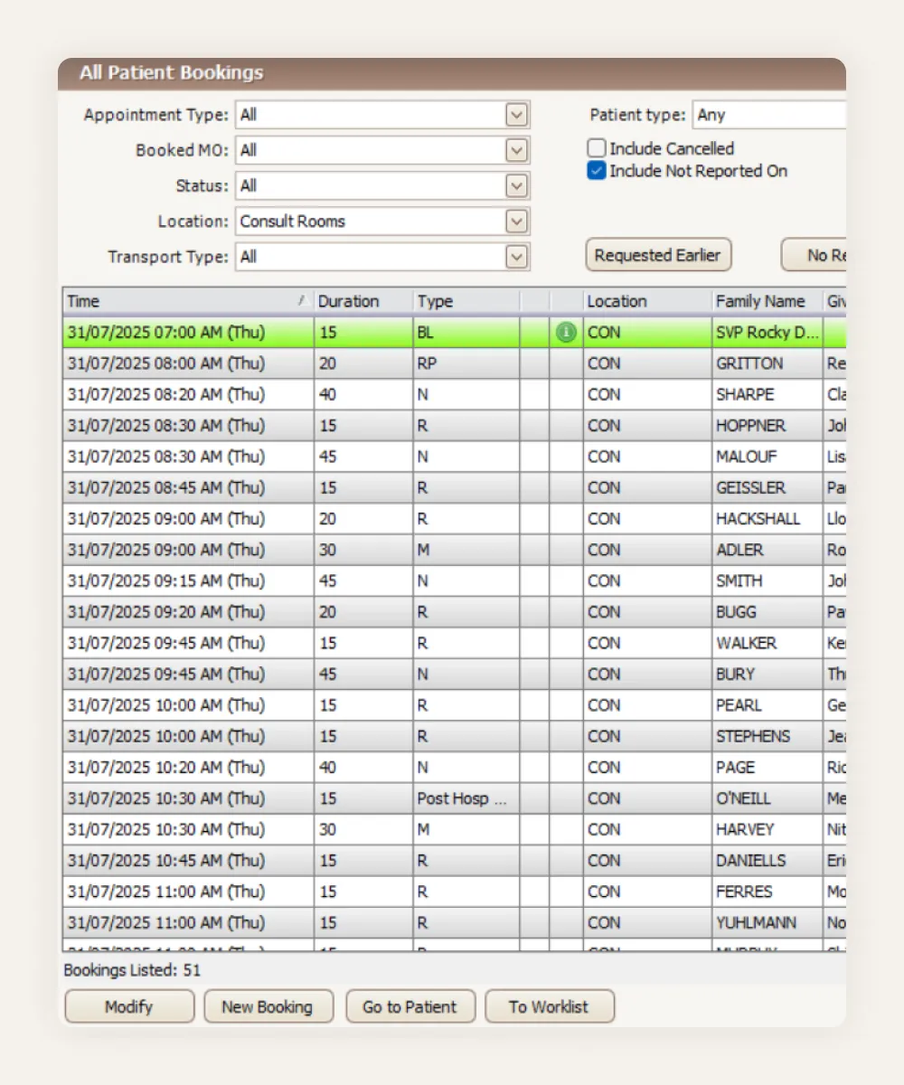 HealthTrack booking list showing 51 appointments for one day by time, duration, type and location, with filters by doctor and status