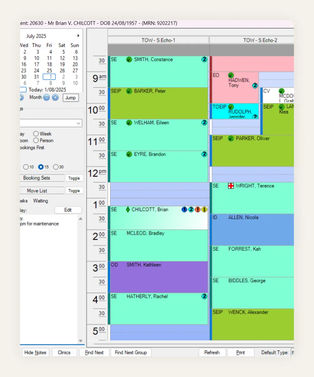 HealthTrack diary showing a day of colour-coded appointments across two stress echo rooms, with a month calendar for jumping dates