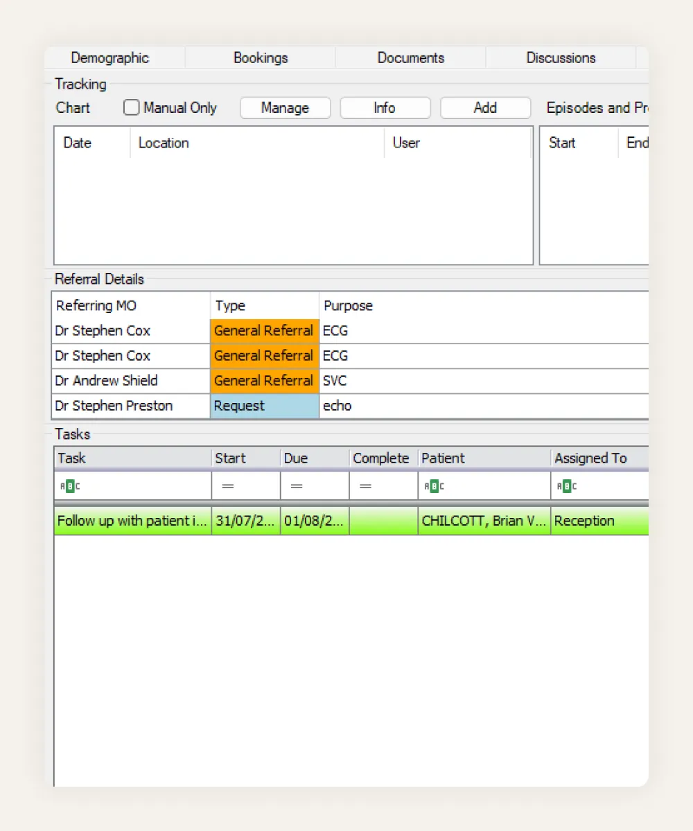 HealthTrack referral management showing referring doctors, referral type and purpose, with linked follow-up tasks below