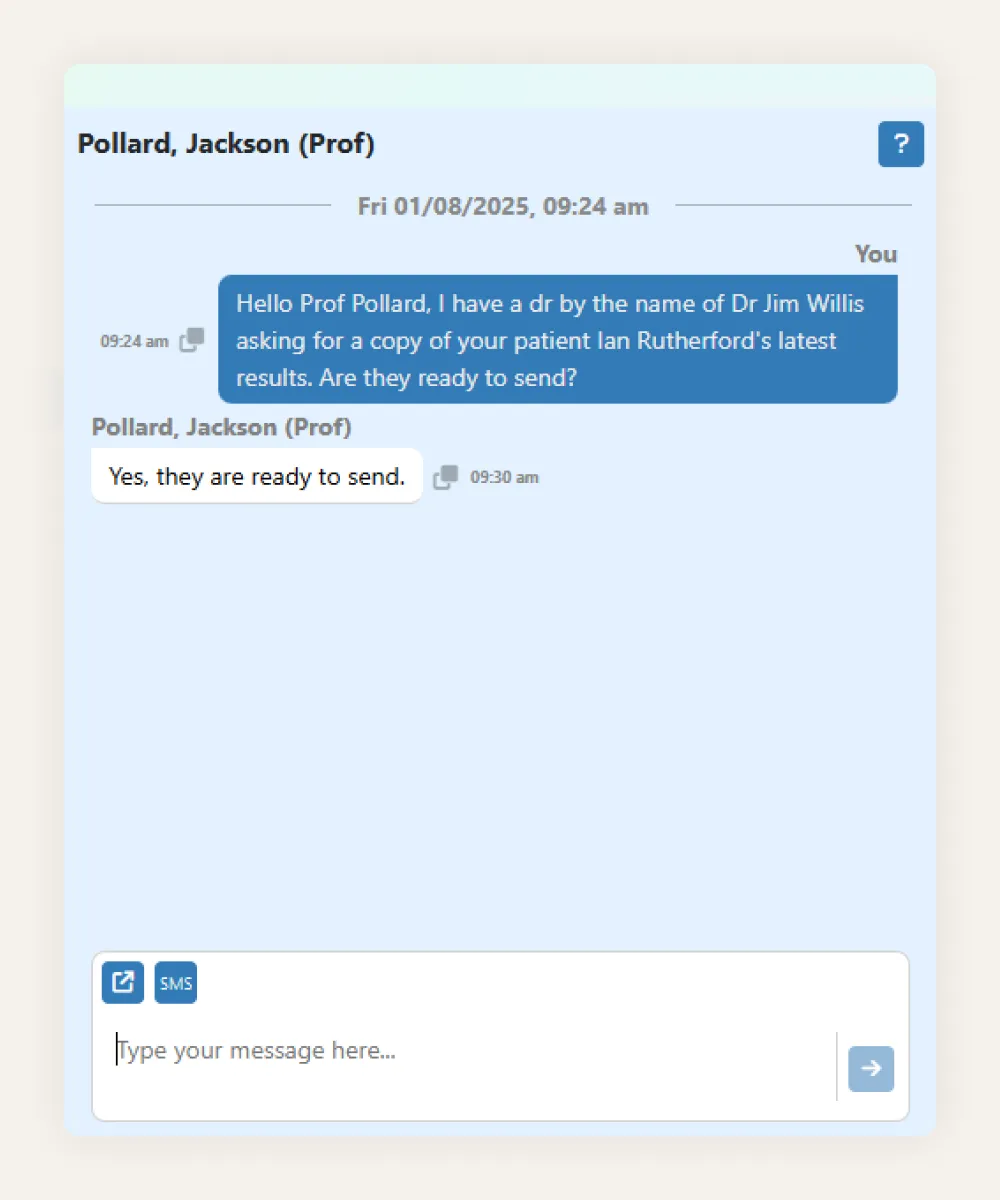 HealthTrack internal messenger, letting reception ask a specialist whether a patient's results are ready to send