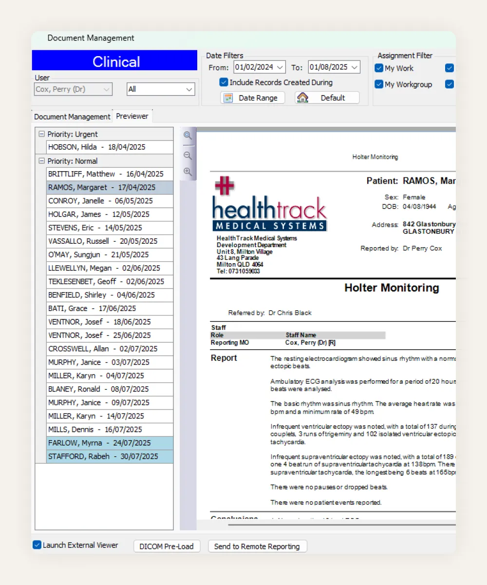 HealthTrack worklist manager showing Holter monitoring studies by priority, with the selected report previewed alongside