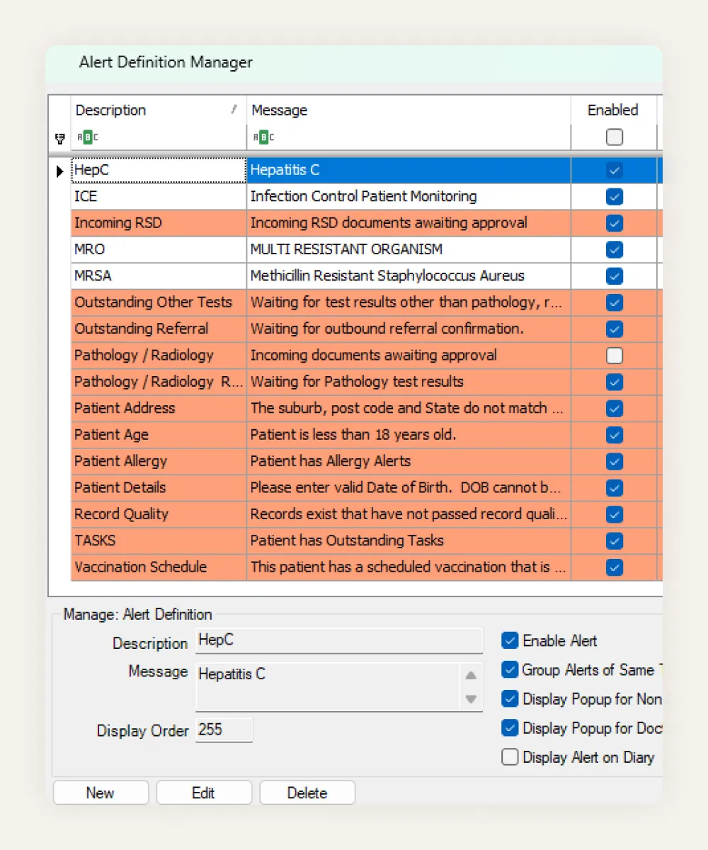 HealthTrack Alert Definition Manager, where practices configure clinical and administrative alerts such as allergies and outstanding referrals