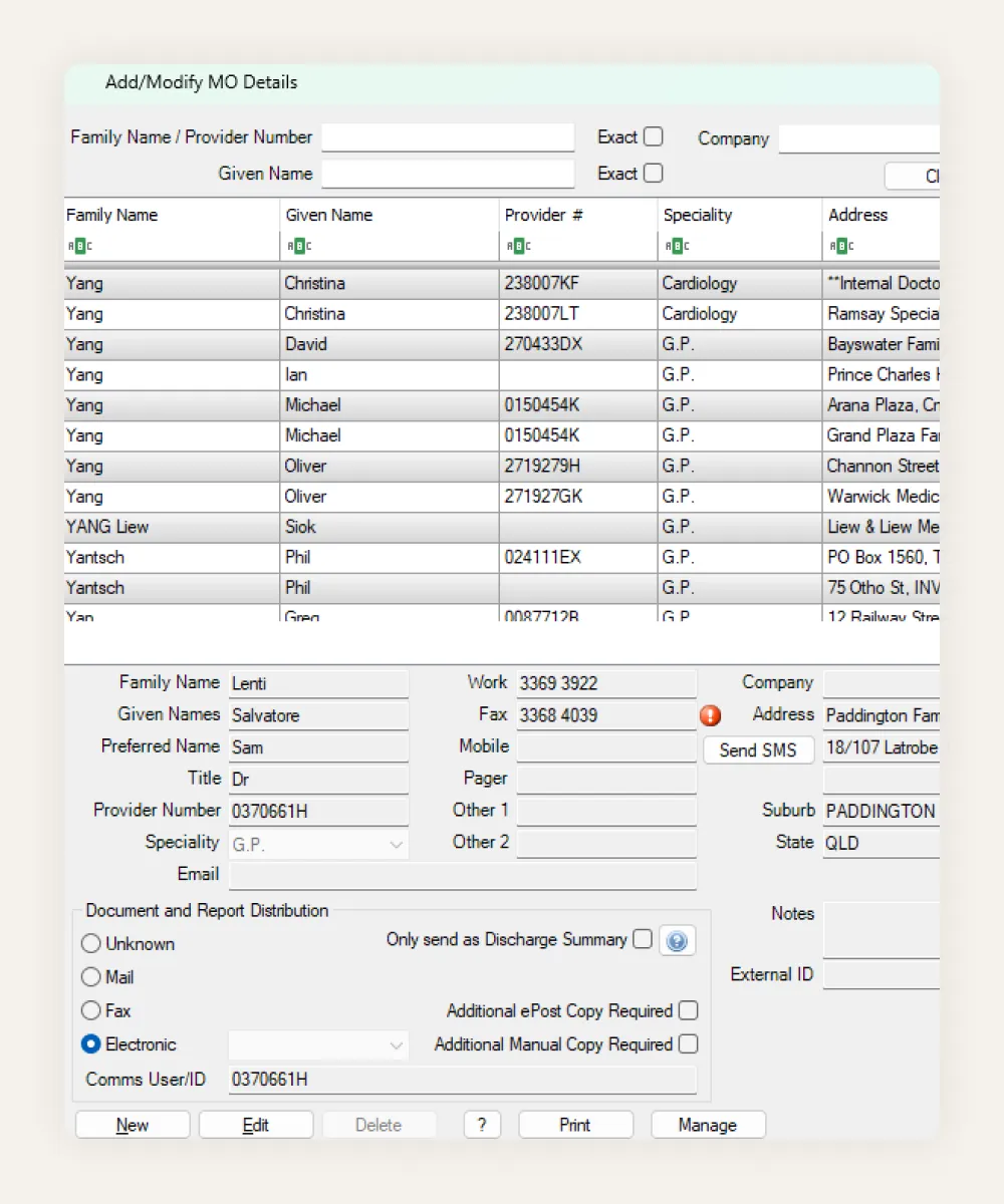 HealthTrack provider directory, holding referring doctors' provider numbers, specialties and preferred report delivery method