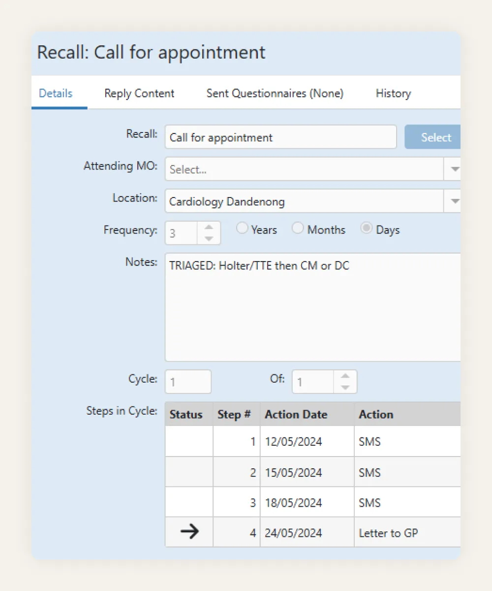 HealthTrack patient recall showing a scheduled sequence of SMS reminders followed by a letter to the GP