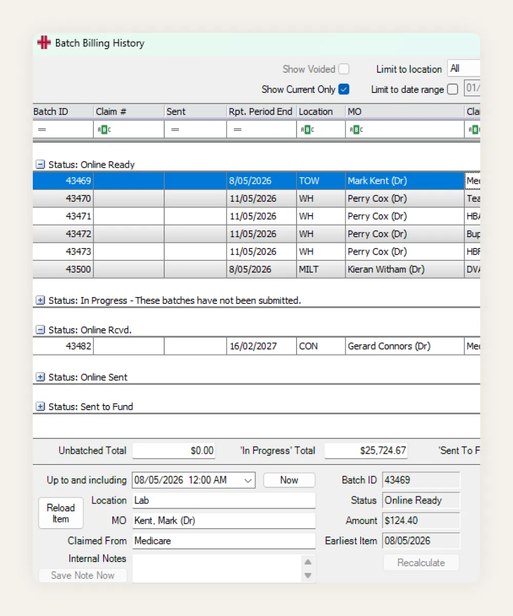 HealthTrack batch billing history showing Medicare claim batches grouped by status, with claim totals per batch