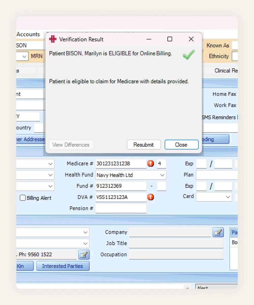 HealthTrack online eligibility check confirming a patient is eligible for Medicare online billing before the appointment