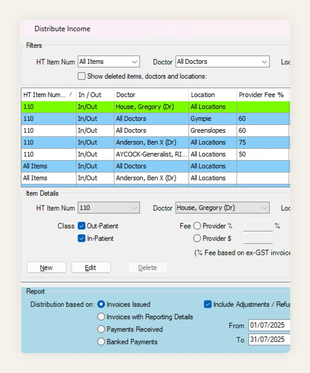 HealthTrack income distribution screen, setting provider fee percentages by item number, doctor and practice location