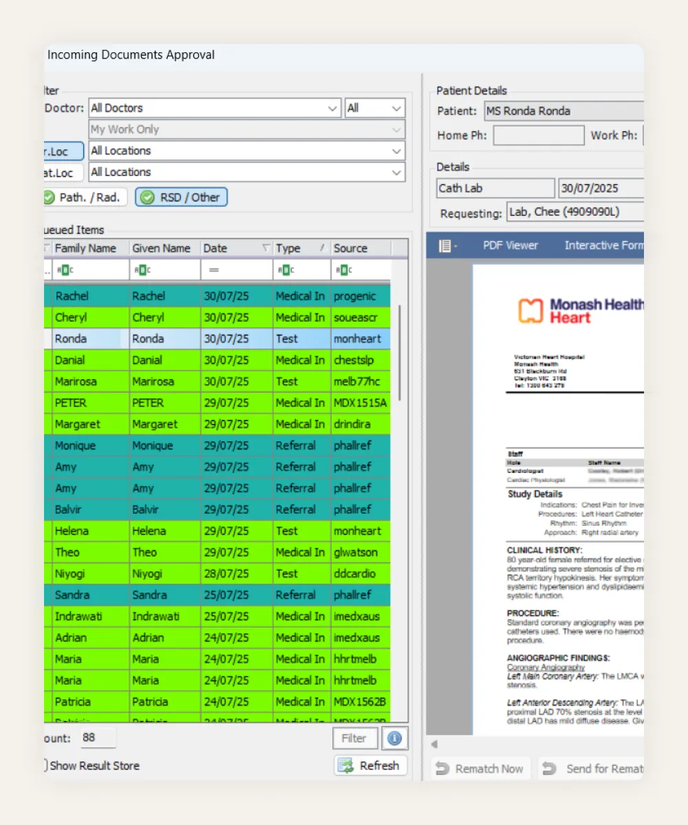 HealthTrack incoming document approval queue, with an angiography report from Monash Health previewed before it is filed to the record