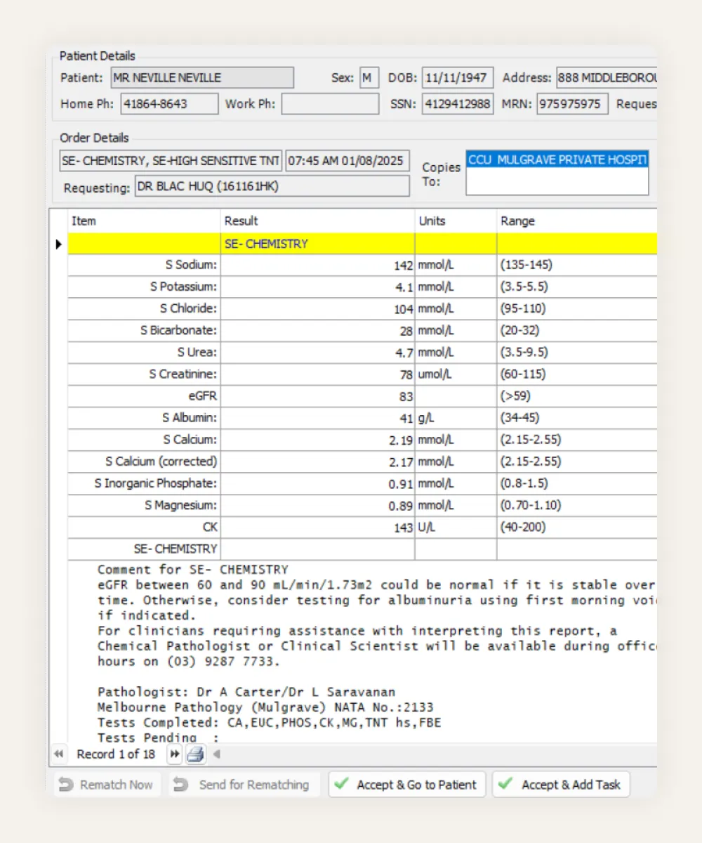 A pathology chemistry panel received into HealthTrack, showing results, units, reference ranges and the pathologist's comment