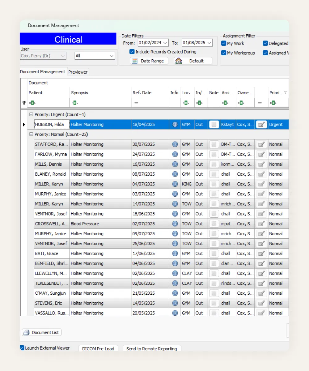 HealthTrack document management showing incoming Holter monitoring reports by priority, with owner, location and assignment