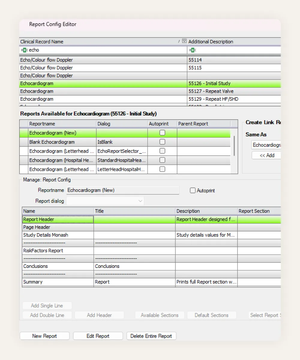 HealthTrack report template configuration for echocardiogram studies, mapping Medicare item numbers to report layouts
